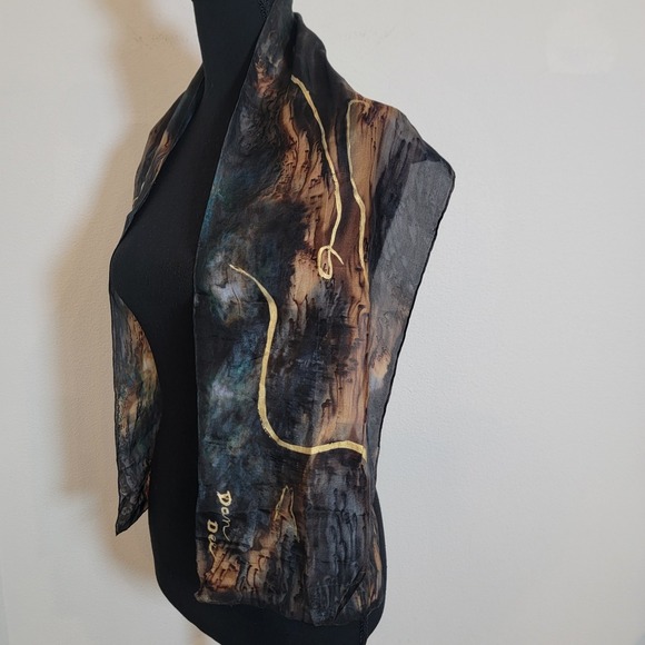 Dan Dee Silk Scarf Hand Painted 9x52 Abstract Swirl Gray Brown Blue Gold - Picture 5 of 11